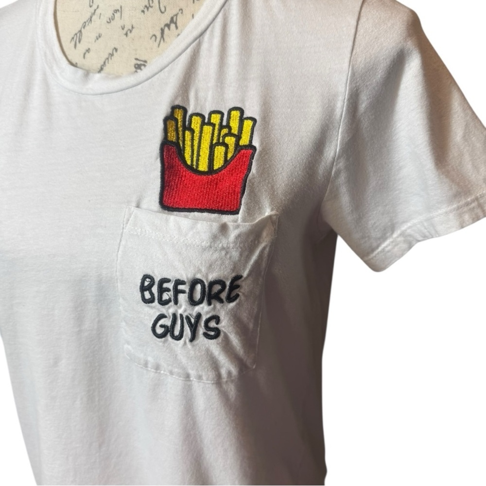 White Graphic Tee with Fries Before Guys Pocket Design Size Medium